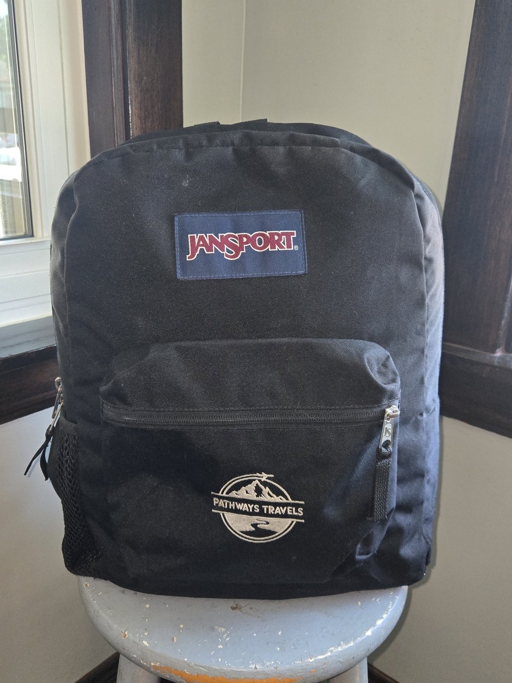 JanSport Black Backpack with Pathways Travels Patch - Men's Bag